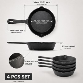 Cptoion 4 Pack Cast Iron Skillet, Small