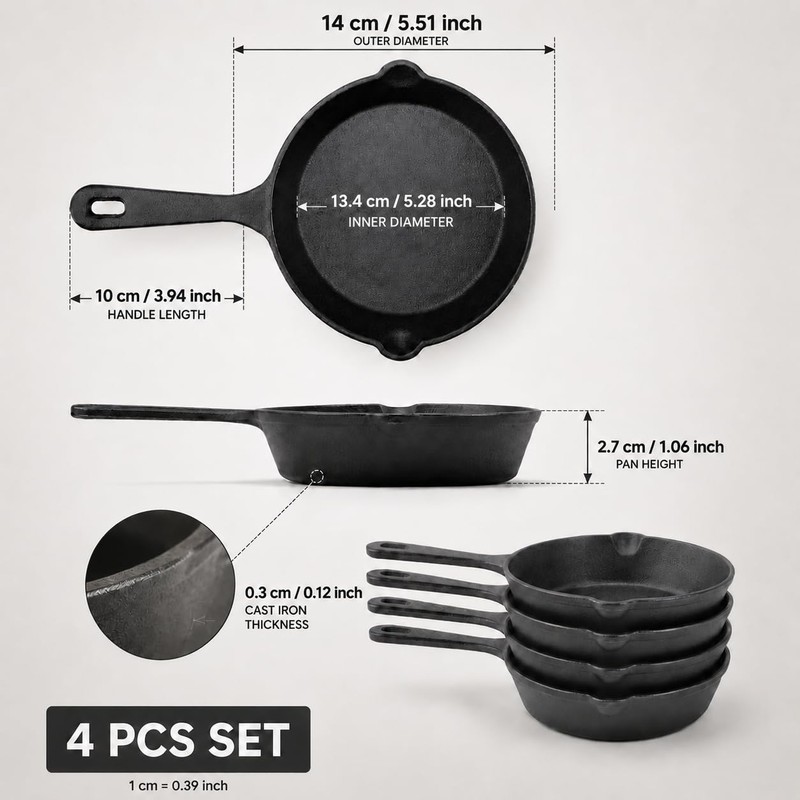Cptoion 4 Pack Cast Iron Skillet, Small