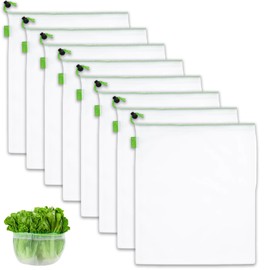 QhgPnt Reusable Mesh Fruit Bags, 8 Pack Vegetable Storage Bags with Drawstring, 35cm x 30cm Fresher for Longer Bags, Breathable Mesh Bags for Fruit Protection and Organizing