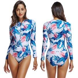 LafyKoly Women's One Piece Long Sleeve Rash Guard UV Protection Printed Surfing Swimsuit Swimwear Bathing Suit (L(US:10-12), Floral)