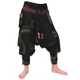 Siamrose Japanese Style Samurai Yoga Ninja Harem Pants Men Women Lounge Trousers, One Size, Elastic Waist (Black Hand Painted)