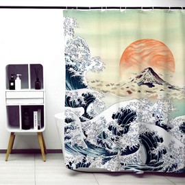 Obal Great Wave Off Kanagawa Shower Curtain, Ukiyo-E Japanese Style Bathroom Curtains Water Resistant Mould Free Polyester Heavy Weight Bath Accessory With 12 Curtain Hooks Washable, 180cm * 180cm