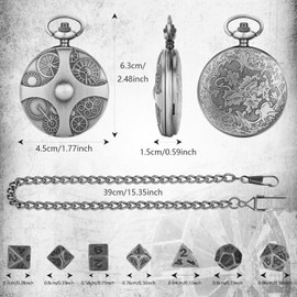 Qaestuan 1 Piece DND Game Dice Set, Metal Polyhedral Dice with Bronze Pocket Watch Case, Removable Mini Game Dice for Dungeon and Dragons, D&D, Role Playing, Board Games (Silver)