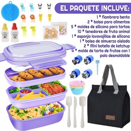 Bento Box Grande, Fiambrera Lonchera para Adultos,Caja de Almuerzo de Estudiante, 1900 ml-8 Compartimentos, con Púas de Alimentos, Apto para Microondas/Lavavajillas/Congelador,Sin BPA (Traje morado)