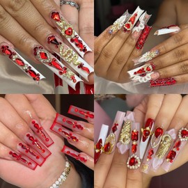 Cycullinyt 1660Pcs 3D Glass Scarlet Nail Art Rhinestones, 8 Types of Multi Shapes Diamonds + 4 Sizes Flatback Round Bead Gemstones Diamond with Tweezer + Pickup Pen for Manicure Craft Decoration DIY