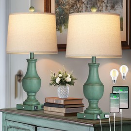 Rinweey Farmhouse Table Lamp Set of 2, Rustic Touch Control 3-Way Dimmable Lamps with USB A+C Charging Ports & AC Outlet, Vintage Retro Antique Bedside Lamp for Living Room Bedrooms Nightstand Green