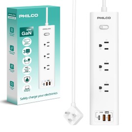 Philco Surge Protector Power Strip, Power Outlet, Surge Protector with USB Ports, 30W 3 Outlets W/ 1 USB-C & 2 USB-A Ports, 6ft Extension Cord with Multiple Outlets, Flat Plug, Home Office Essentials