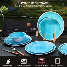 Melamine Dinnerware Sets 12 Pcs, Melamine Plates and Bowls,Party Plates and Bowls Sets, Camping Dishes Set for 4, Unbreakable, BPA Free, Dishwasher Safe Lake blue