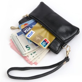 Aucuu Coin Purse Leather Zipper Wallet Card Holder Key Case Women Mini Wallet, with 2 Compartments & Keychain, Small & Lightweight, Easy to Carry, 12 * 8 CM (Black)