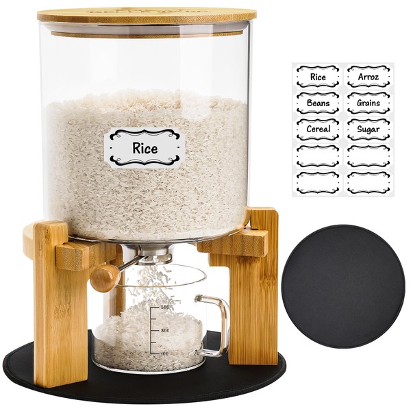 Belle Parc Glass Rice Dispenser With Airtight Lid with Labels and Slider mat. Glass grain containers Look great as a Bamboo Rice Container or Rice Storage Container with 5L Capacity,