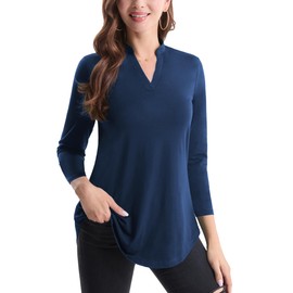 BAISHENGGT - Blusas de manga 3/4 con estampado floral y cuello en V para mujer, Azul marino, XX-Large