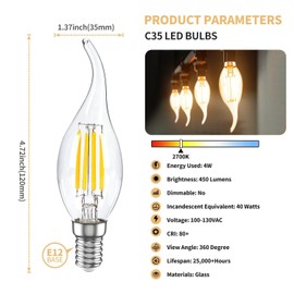 MEGAENERGY E12 LED Bulb Candelabra 40W Equivalent LED Chandelier Light Bulbs Flame Tip, 2700K Warm White, Non-Dimmable, 450Lumens Vintage LED Edison Bulb, CRI 80+, Clear Glass, Pack of 12