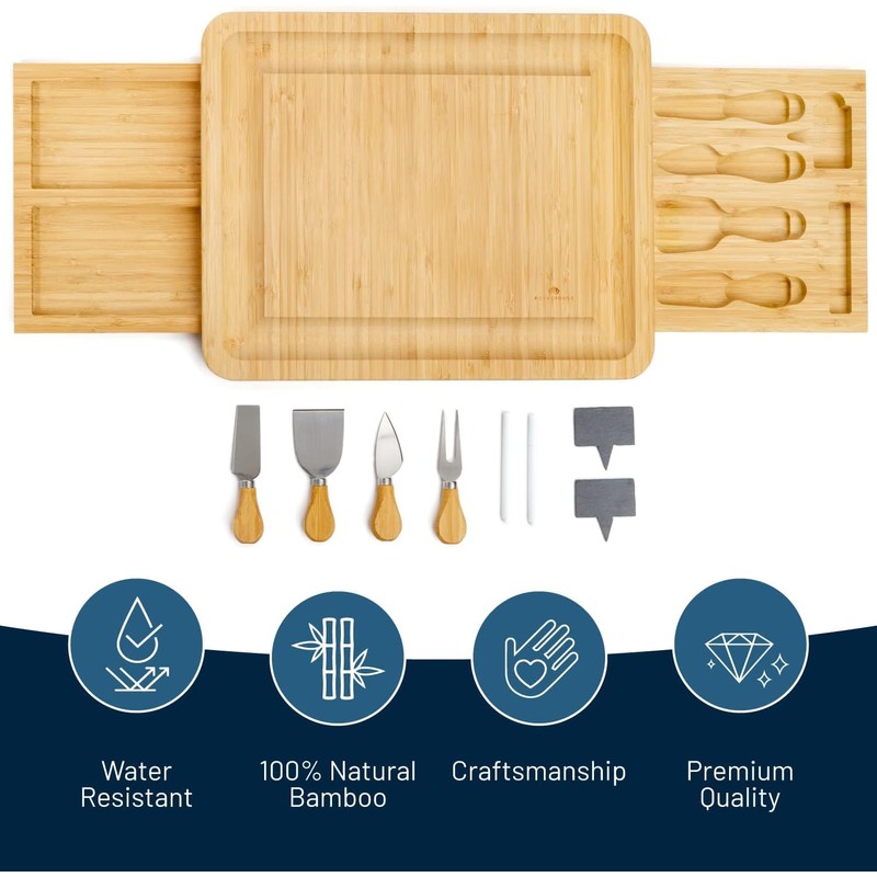 RoyalHouse Unique Bamboo Cheese Board and Knife Set with 2