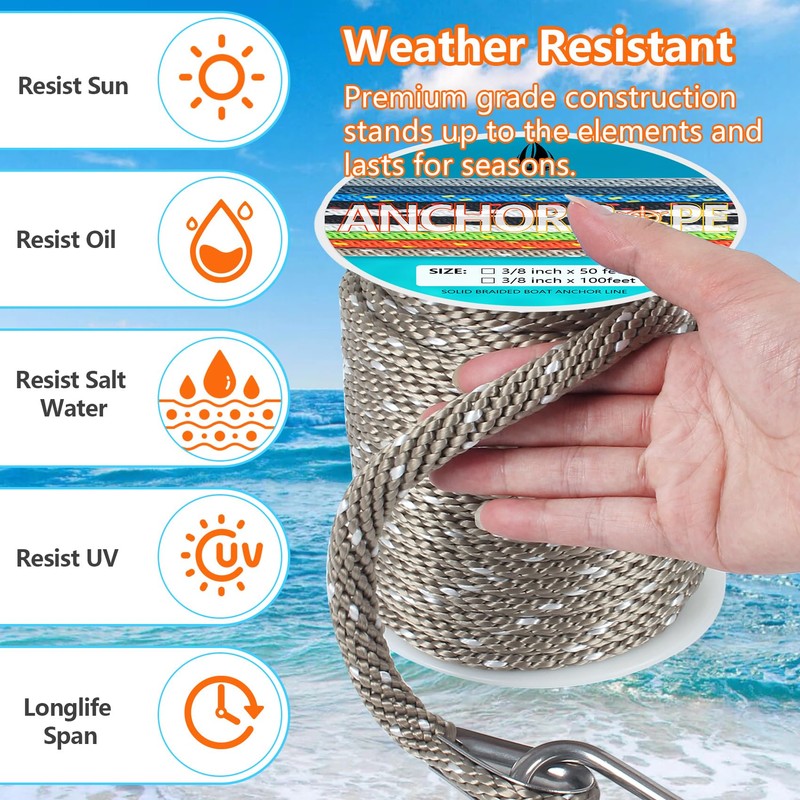 3/8 Inch 50 FT Anchor Rope, Boat Anchor Rope Solid