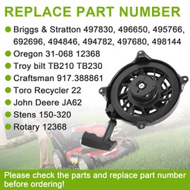 RUHUO 497680 Recoil Starter Compatible with Brigs & Straton Pull Start Assembly, 497680 Rewind Starter Compatible with 6.75 Motor Craftman, Rotary 12368 Lawn Mower Recoil Starter Replace