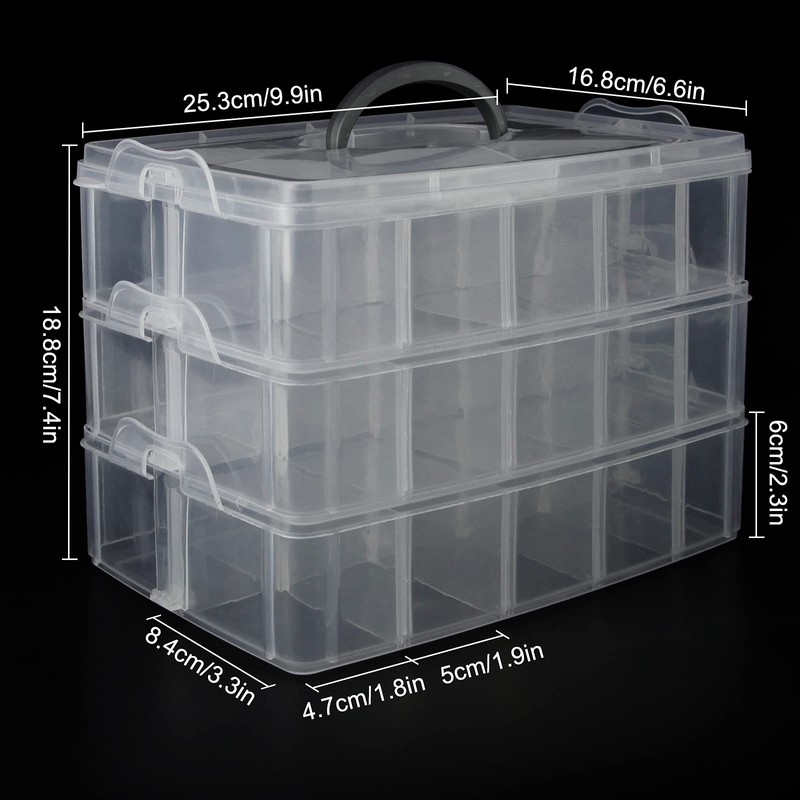 3-Layer Stackable Craft Storage Containers - Clear Plastic Craft Box Organizer with 30 Adjustable Compartments and Handle - Portable Beads Organizers