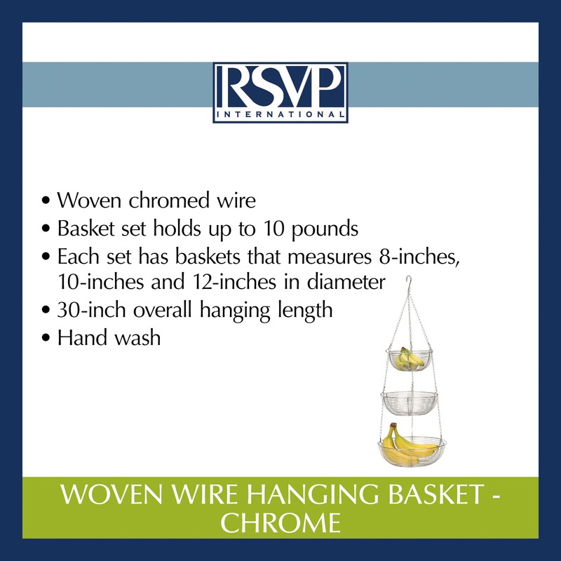 RSVP International Hanging Storage Collection 3-Tier Baskets, Chrome Woven Wire