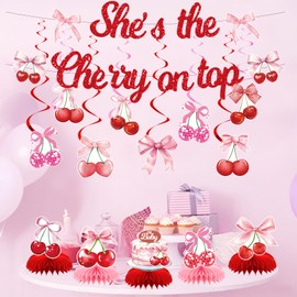AXWATDEI Cherry Baby Shower Decorations - She’s the Cherry On Top Themed Banner, Hanging Swirls and Oh Baby Cherry Table Honeycomb Centerpieces, Sweet Welcome Baby Party Decors