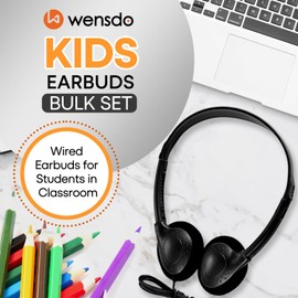 Wensdo Kids Headphones Bulk 25 Pack for School Classroom K-12, Wholesale Wired Adjustable Headsets for Students Teens Children Gift and Adult (Black)