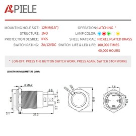 APIELE (Pcs of 2) 12mm Latching Push Button Switch High Round Head Stainless Steel 1 Normally Open with Ring Led (Red)