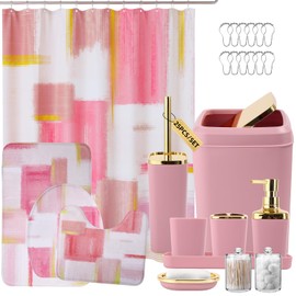 XLHOMO Bathroom Set - Pink and Gold Bathroom Accessories Set, Bathroom Sets with Shower Curtain and Rugs, Pink Shower Curtain Set with Bathroom Trash Can, Soap Dispenser, Soap Dish for Home Decor