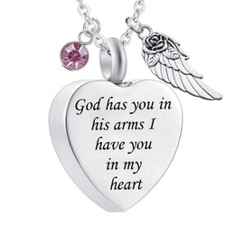 weikui God has You in his arms with Angel Wing Charm Cremation Ashes Jewelry Keepsake Memorial Urn Necklace with Birthstone Crystal (October)