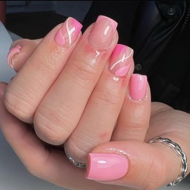 Short Press On Nails Square Fake Nails French Tip Glue On Nails With Pink Designs Acrylic Nails Press Ons Full Cover False Nails Artificial Glossy Stick On Nails For Women 24Pcs