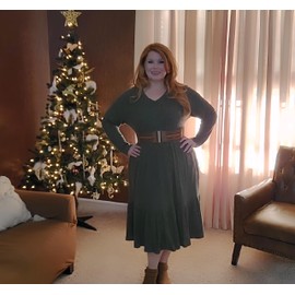 CARCOS Plus Size Dress for Women Green Long Sleeve Sweater Dress 2024 V Neck Elegant Tshirt Dress with Pocket Ruffle Swing Mini Fall Lightweight Winter Dress 2XL 18W 20W