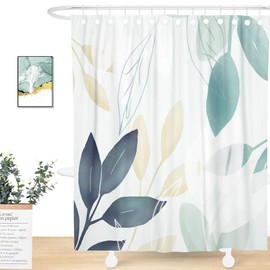 UNIFEEL Mordern Art Blue Watercolor Leaves Fabric Shower Curtain, Blue and Green Plants Décor Bathroom Decoration Curtain. 71" x 71", Light Green Background