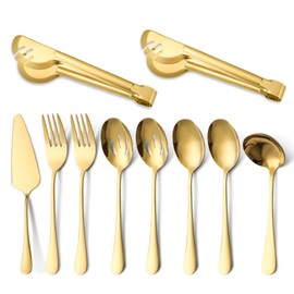 U-HOOME Stainless Steel Catering Serving Utensils, 10 Pcs with Large Cooking Utensil Serving Spoon,Slotted Spoons,Serving Forks,Soup Ladle,Serving Tongs, for Parties,Kitchen,Buffet (Gold)
