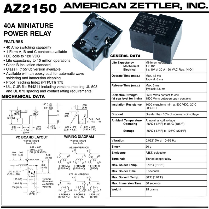 American Zettler AZ2150-1A-24DEF 40A SPST 24 VDC PCB Mount Sealed