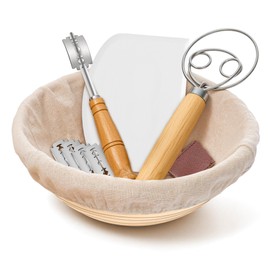 Joyfair Bread Proofing Basket, 10-Inch Round Natural Rattan Sourdough Proving Basket, Sourdough Starter Kit with Dough Whisk/Bread Lame/Dough Scraper/Linen Liner for Professional and Home Bakers