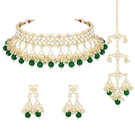 Aheli Gold Plated Kundan Studded Choker Necklace Dangle Earrings & Maang Tikka Ethnic Fashion Jewellery Set Gift for Women