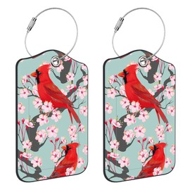 Neidius 2 Pack Luggage Tags for Suitcase,Red Birds Pink Flowers PU Leather Luggage Tags with Privacy Cover Name Address Labels and Steel Ring,Creative Travel Accessories for Men and Women