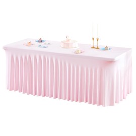 1 Pack Pink Table Clothes for 4 Foot Rectangle Tables, One-Piece Wrinkle Resistant Stretch Spandex Table Covers with Skirt for Event Banquet Wedding Birthday Party