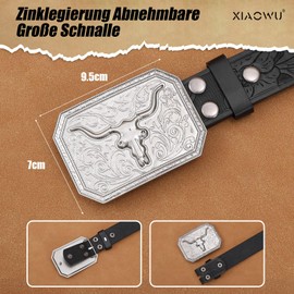 XIAOWU Western Faux Leather Belt for Men and Women, Cowboy Cowgirl Attractive Buckle Retro Embossed Costume Belt, Bull Silver - Black, Passend zur Tallle: 80cm-90cm