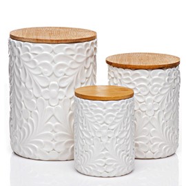 Engraved Design Kitchen Canisters Set of 3 with 74 Oz, 36 Oz, and 18 Oz - White Storage Jars for Countertop with Airtight Bamboo Lids - Large Flour Tea Coffee Sugar Spices Container - Decorative