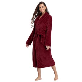RONGTAI Womens Bathrobe Ladies Fleece Plush Warm Long Robes （Medium，Burgundy）