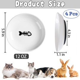 BNOSDM 4 Pcs Cat Food Bowls with Non-Slip Silicone Bottom Shallow Ceramic Cat Bowl, Whisker Fatigue Pet Dry/Wet Food Dishes Set for Indoor Kittens Kitty (Black)