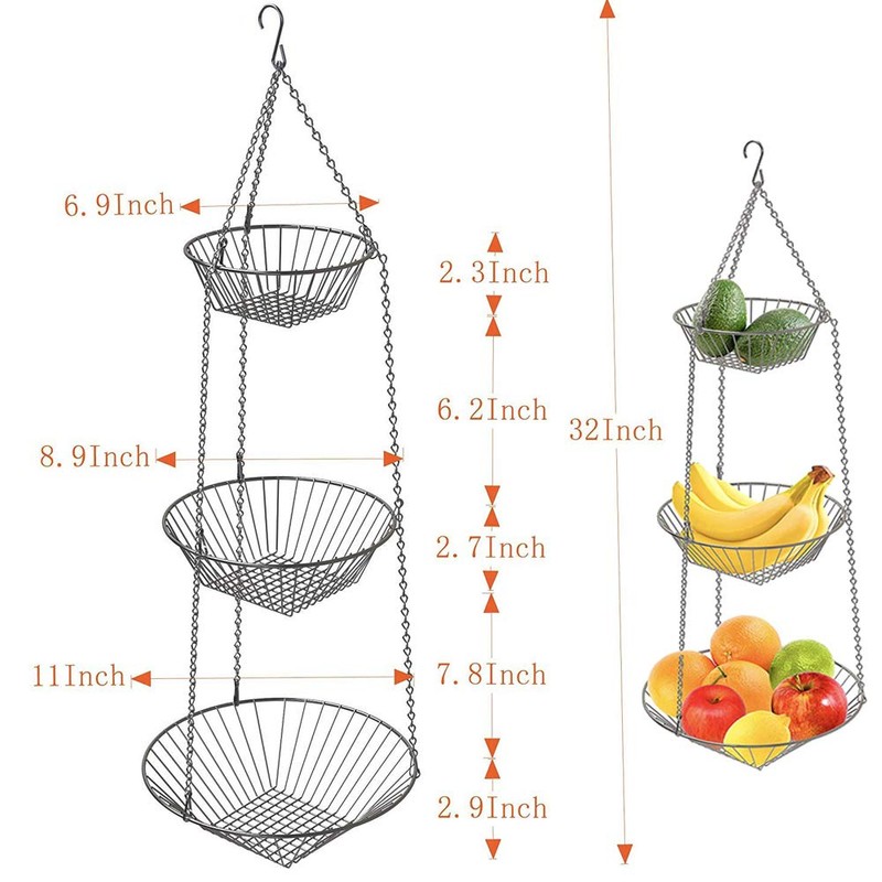 3 Tier Fruit Basket, Vegetable Kitchen Storage Basket Chain Hanging