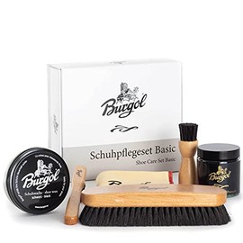 Burgol Basic Shoe Care Set with Shoe Pomade, Shoe Wax, Horsehair Brushes and Polishing Cloth: Colour: Black, black