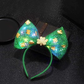 Funyrich LED Bow Headbands Green St.Patrick’s Day Clover Headband Irish Day Green Shamrock Hair Hoop for Women and Girls 2PCS (C)