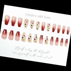 Fall Maple Leaves Press On Nails Long Square Fake Nails With Gold Maple Leaves Gold Foil Design Glue On Nails Press Ons Red Pink Gradient Stick On Nails Glossy Autumn False Nails For Women Girls