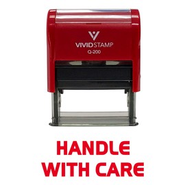 Vivid Stamp Handle With Care Self Inking Rubber Stamp - Large - 3/4" x 1-7/8", Red