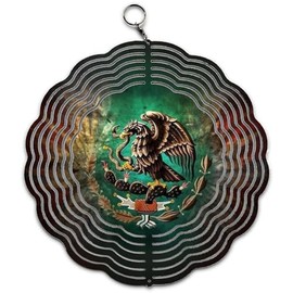 Generic Smoky Cactus and Eagle Mexican Flag Design Wind Spinner 10 inch for Garden Decor with Swivel Hook, Double Sided Circle Hanging Wind Spinner Art Tree Hanger