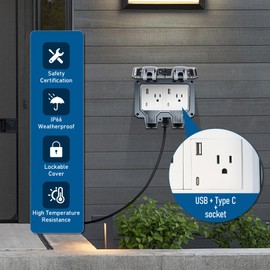 ZUYIYI Outdoor Power Outlet Box with 9.8Ft Extension Cord, Type C & USB Ports, STW 14 AWG, NEMA 5-15R Dual Electrical Outlets, Weatherproof Waterproof IP66, Exterior Wall Socket with Cover for Garden