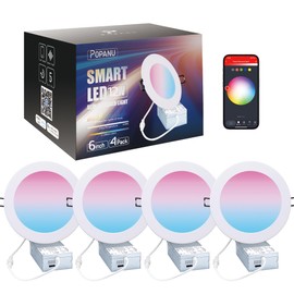 6-Inch Smart Recessed Lighting , WiFi LED Canless Wafer Downlight with Junction Box, （4 Pack）RGB & 2700-6500K Color Changing Lights, Works with Alexa/Google Assistant, APP Control 12W 6 inch White