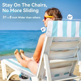 Catalonia Lounge Chair Towel Cover with Fitted Top Pocket, Large Quick Dry Beach Chair Covers, No Sliding Chaise Cover Towel for Outdoor Travel Pool Patio Sunbathing, 78 x 31 in, Mint Green Stripe