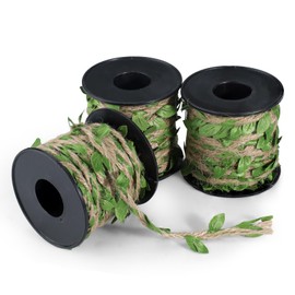 LELE LIFE 3 Rolls 33FT Natural Twine String, Artificial Leaf Jute Twine Rope Hemp Burlap Ribbon for Crafts, Decorative Vines for Jungle Safari Birthday Party Decorations, Green Leaf
