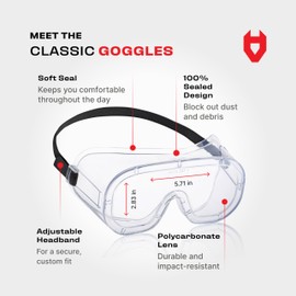 NoCry Protective Non-Vented Safety Lab Goggles with Anti-Fog Coating, Clear Scratch-Resistant Lenses, Universal OTG Fit, an Adjustable Headband, ANSI Z87.1 Rating, and UV Protection